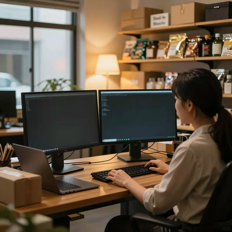 Asian indie shop owner in a small office preparing for Google Content API sunset prep with equipment ready on the desk.
