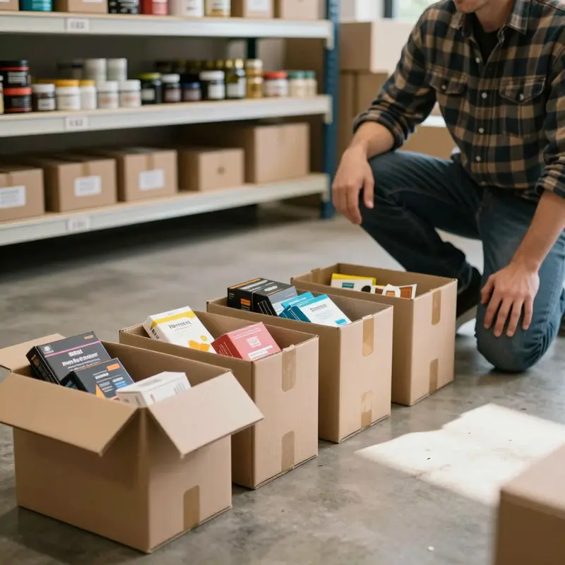 Shop owner beside a row of organized packing boxes representing a streamlined fulfillment workflow.