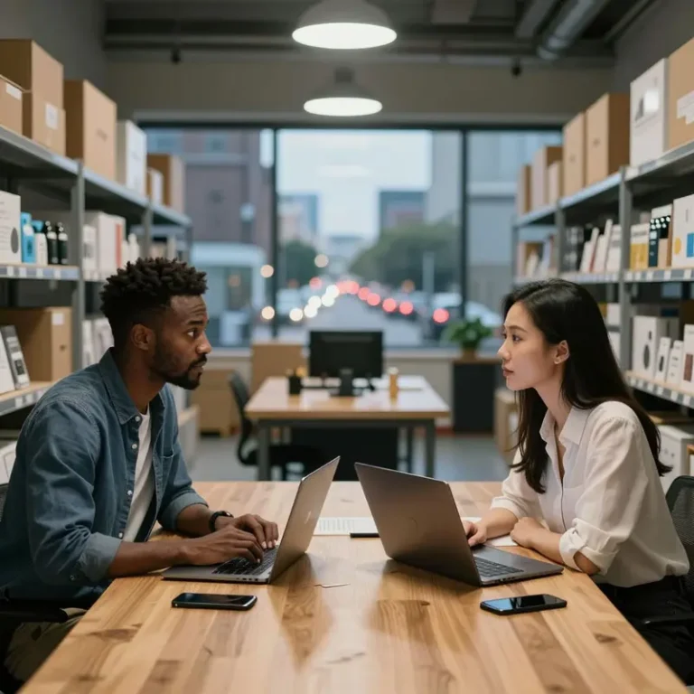 Two people in an ecommerce office compare Luigi’s Box vs Bloomreach for faster product findability improvements.