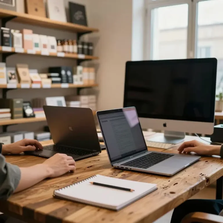 European indie shop owner at a desk deciding between manual product feed vs AI automation in a studio full of labeled products.