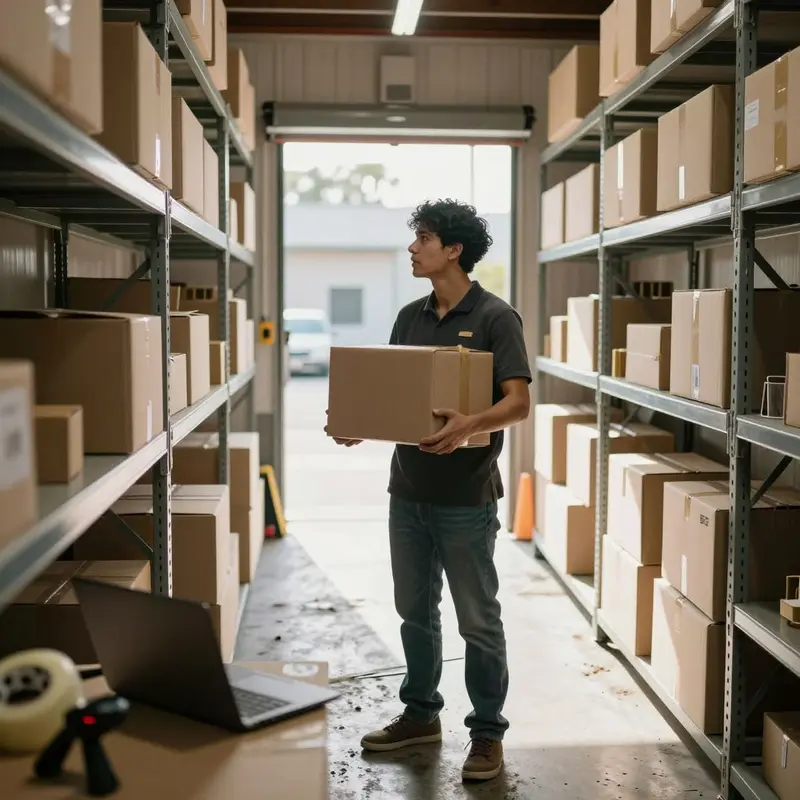 Indie shop owner stands in a quiet warehouse, holding packaged products near a sunlit loading dock.