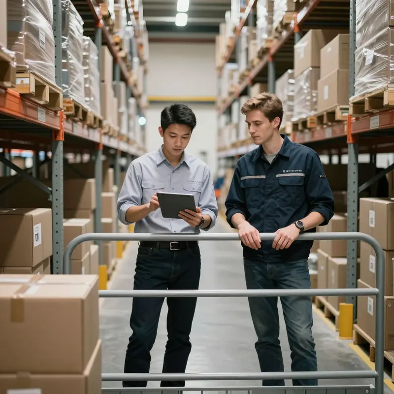 Team members overlooking an organized warehouse floor, watching for subtle operational issues.