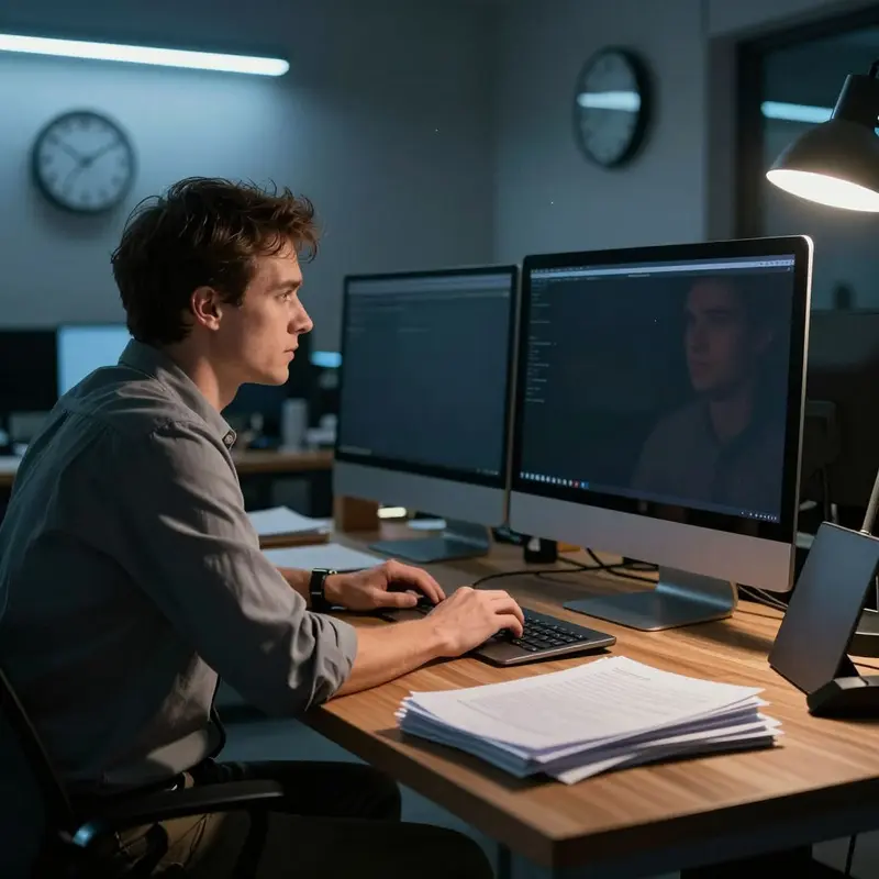 An exhausted operator sits late at night in front of dark screens, surrounded by dormant feed equipment.