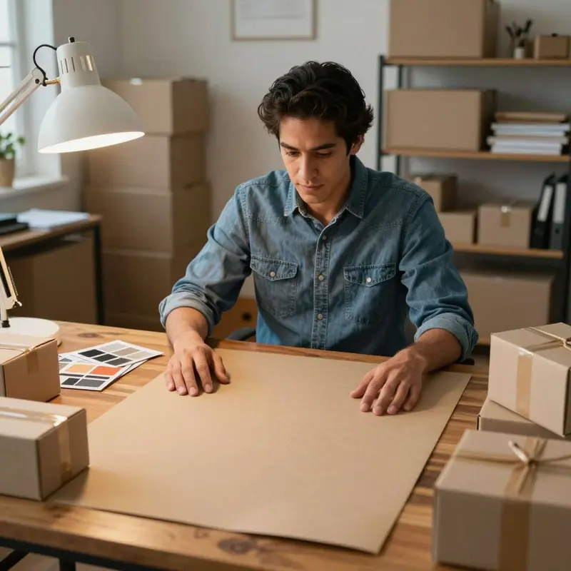 Indie shop owner calmly reviewing inventory and order flow in a small studio space.