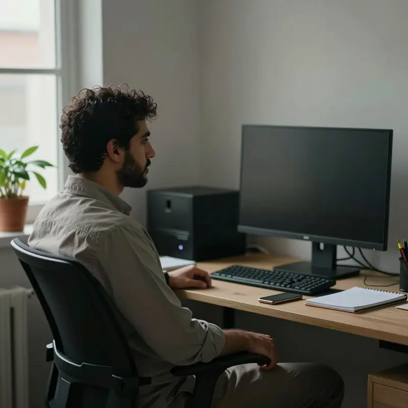Shop owner sits quietly beside a dark monitor and a face-down phone in a softly lit office corner.
