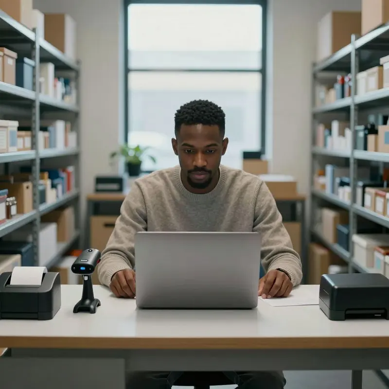 Shop owner sitting at a tidy desk with only core hardware needed for their ecommerce operations.