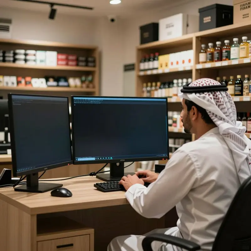 A shop owner watches a quiet workstation, focused on catching issues after a new system goes live.