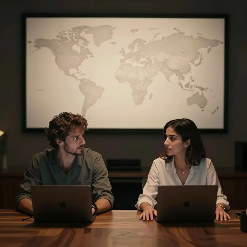 Two colleagues sit at a table with closed laptops, studying a dark screen beneath a blank world map.