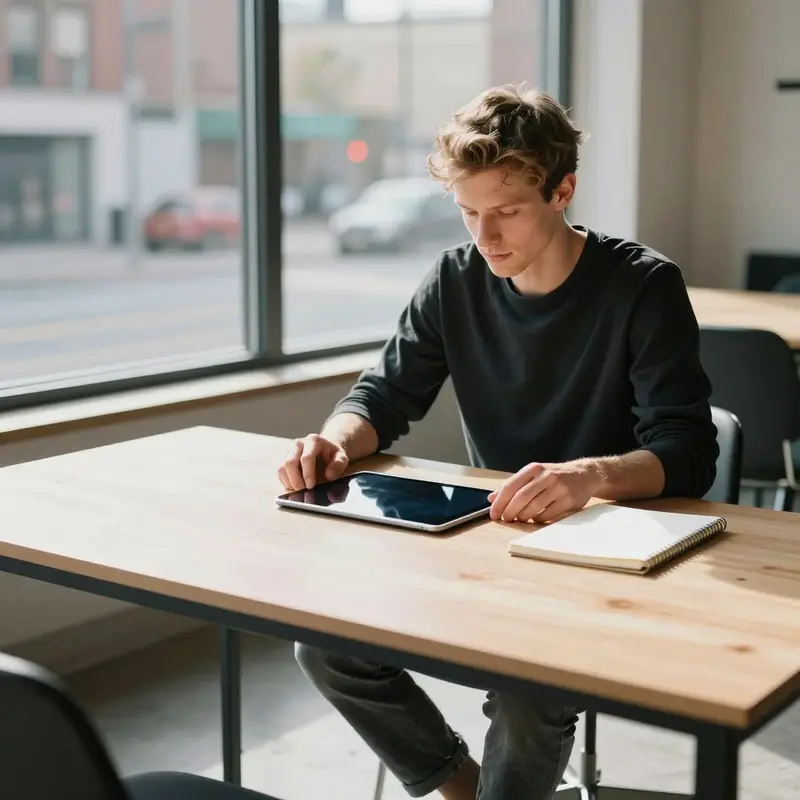Shop operator calmly testing a dark-screen tablet in a sunlit loft studio.