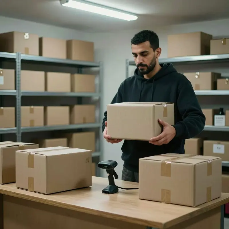 Shop owner holding a sealed package beside another on the table, symbolizing repeatable order workflows.