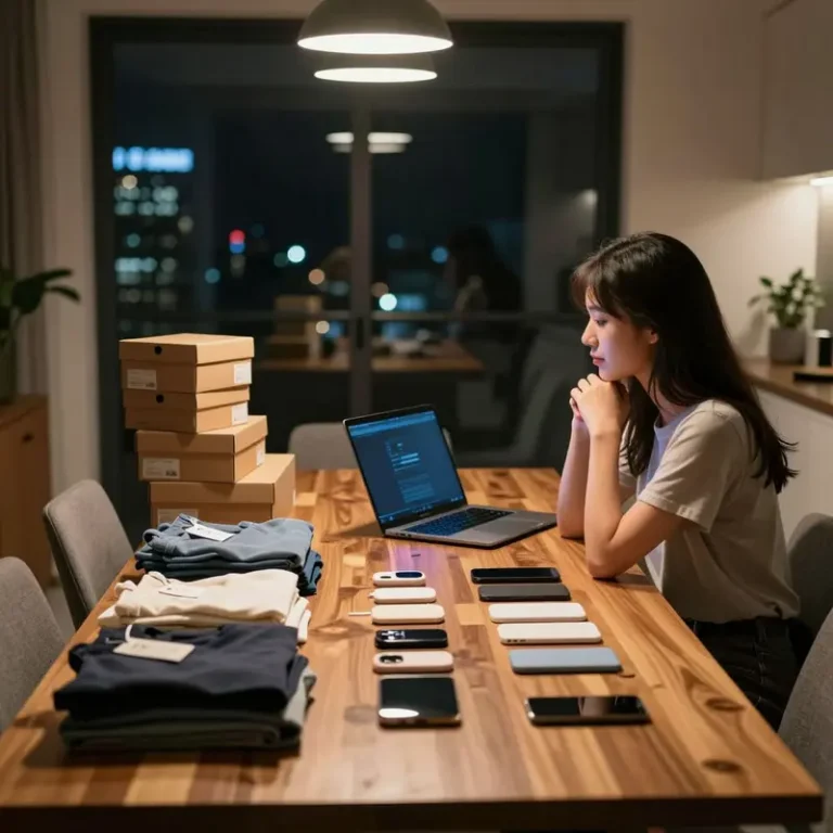 Shopper at a dining table covered in online purchases, reflecting on product attribute optimization for ecommerce in AI shopping search.