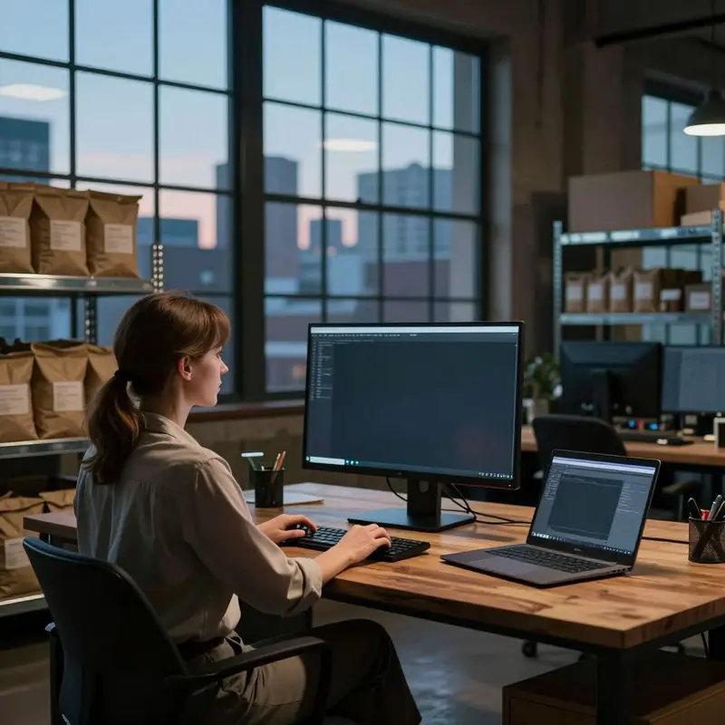 An ecommerce manager sits in a loft office surrounded by packed products at dusk.
