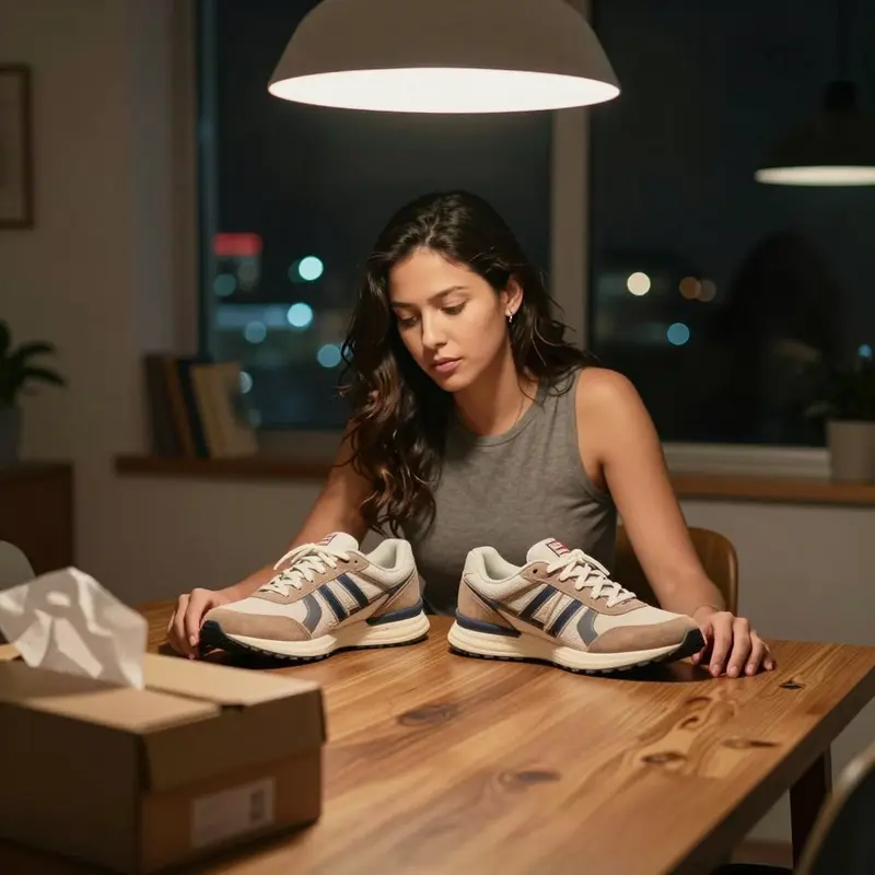 A shopper carefully compares similar products on a table under warm evening light.