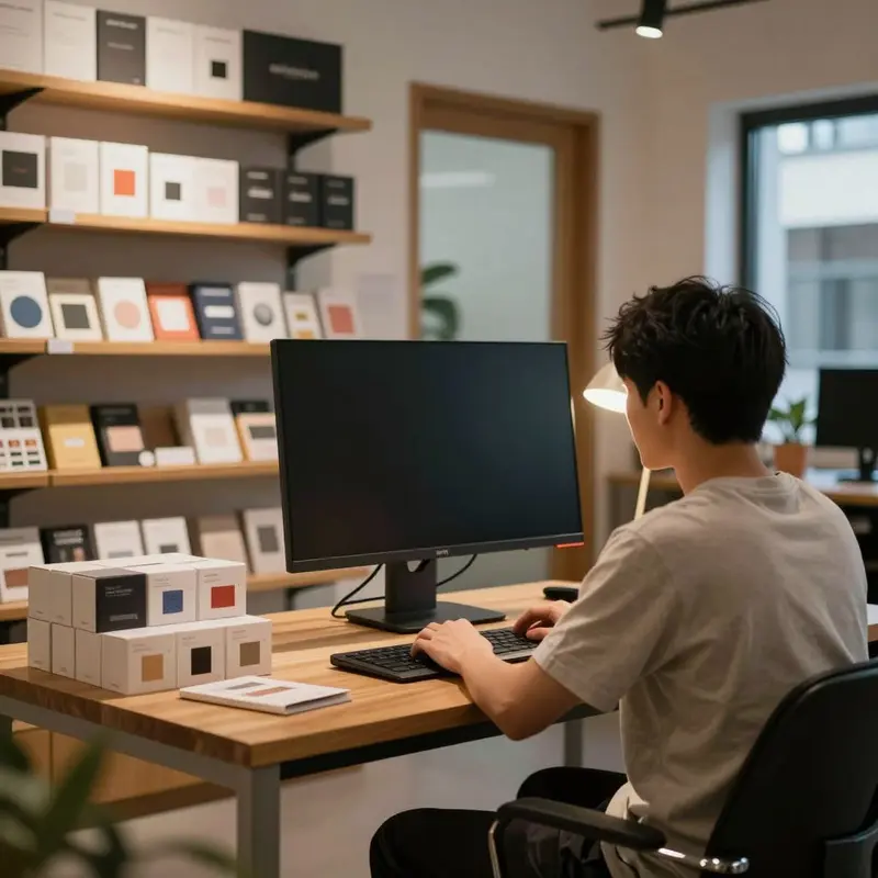 Indie shop owner seated at a desk in a small office preparing for product catalog data cleanup before AI listings.