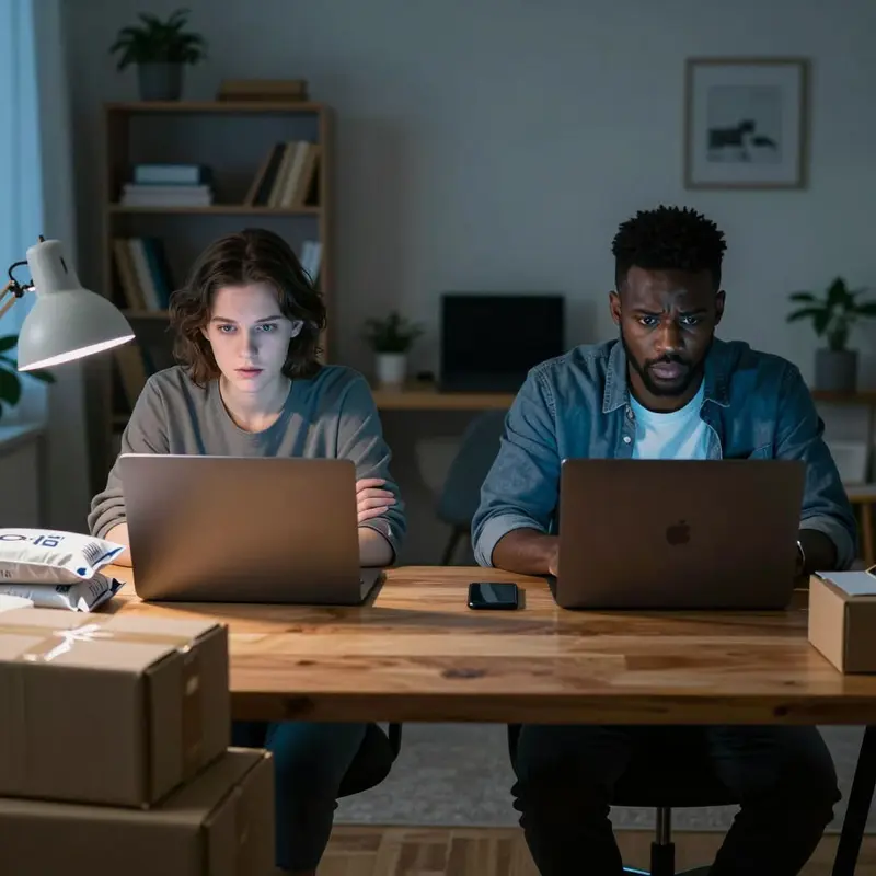 Two deal hunters at a wooden desk with dark laptops and unopened parcels, worried about Channable inventory sync problems and delayed refunds.