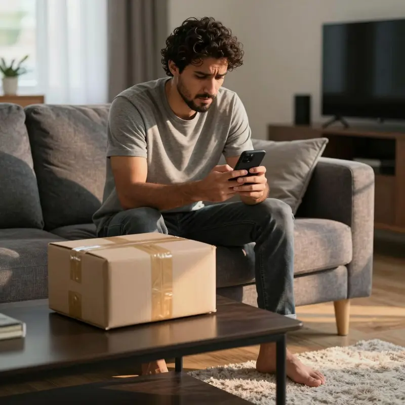 A shopper waits on the sofa with a parcel and phone, checking repeatedly for a stalled refund.