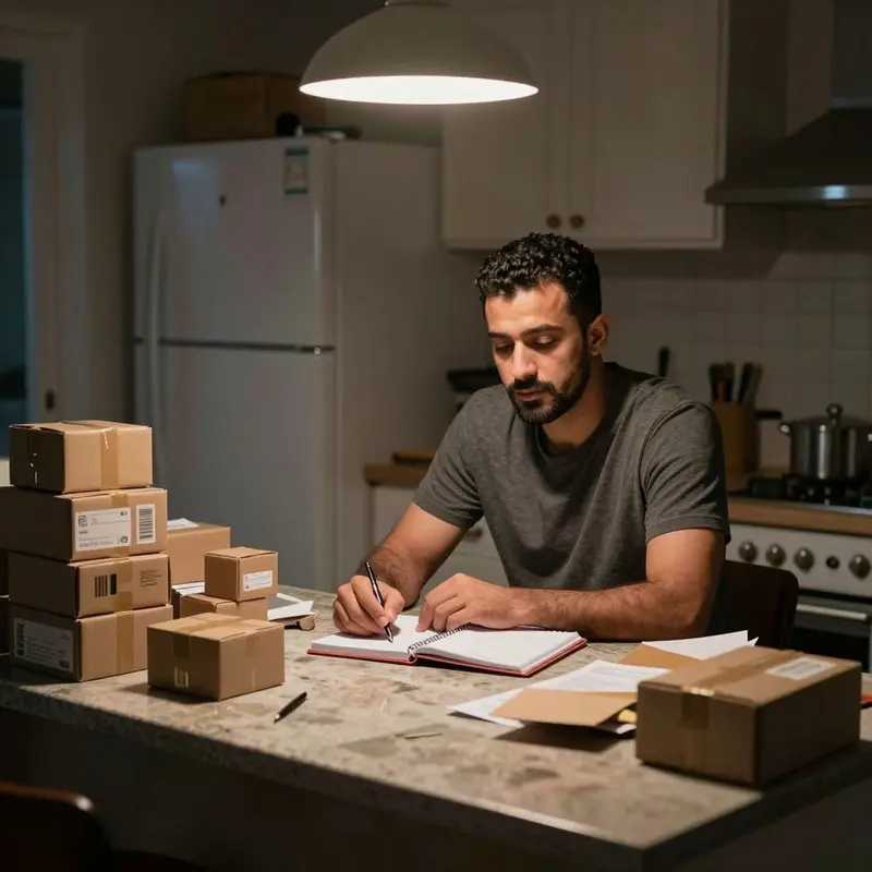 A small seller sits at a crowded kitchen counter surrounded by scattered shipping boxes.