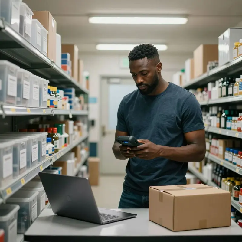 Stockroom worker calmly preparing tools for incremental catalog updates.