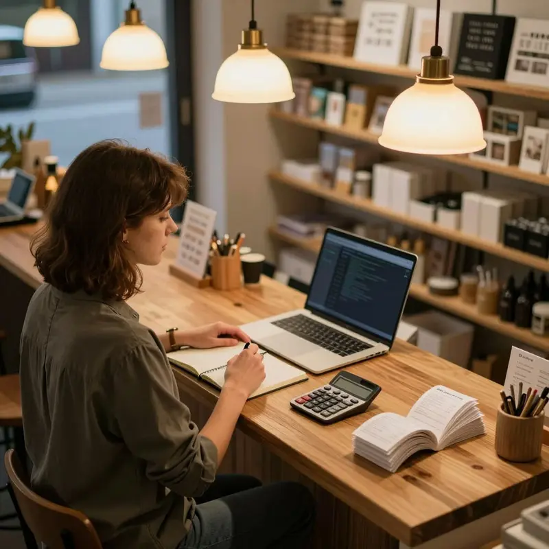 Indie shop owner quietly reviewing automation costs at the counter.
