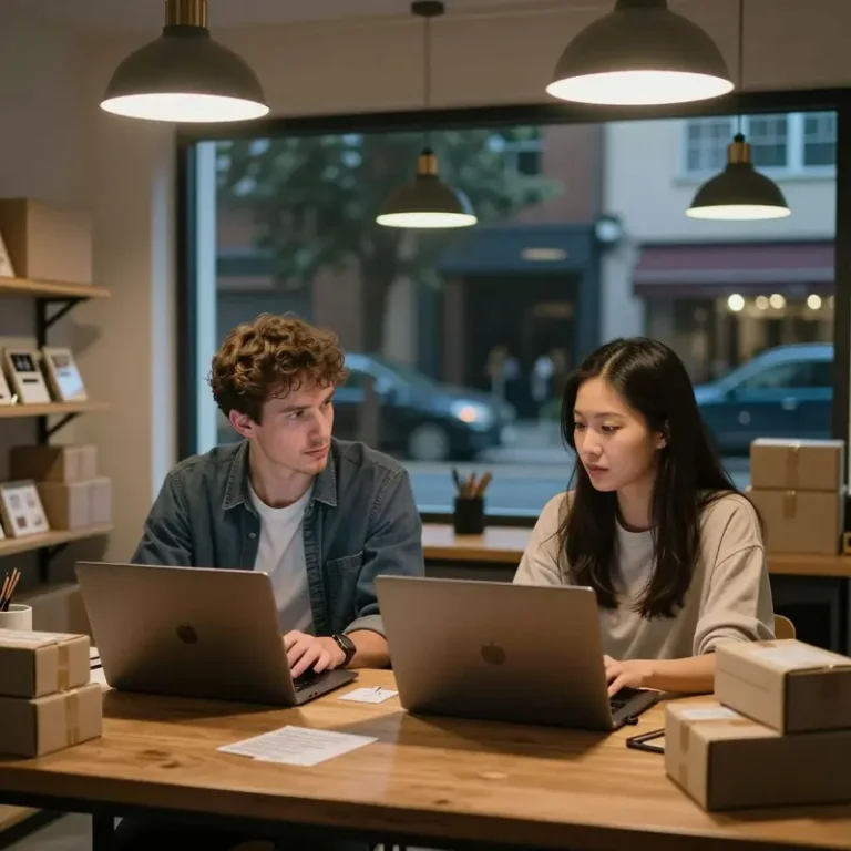 Indie e-commerce shop owners seated at a table considering n8n vs Zapier for e-commerce automation.