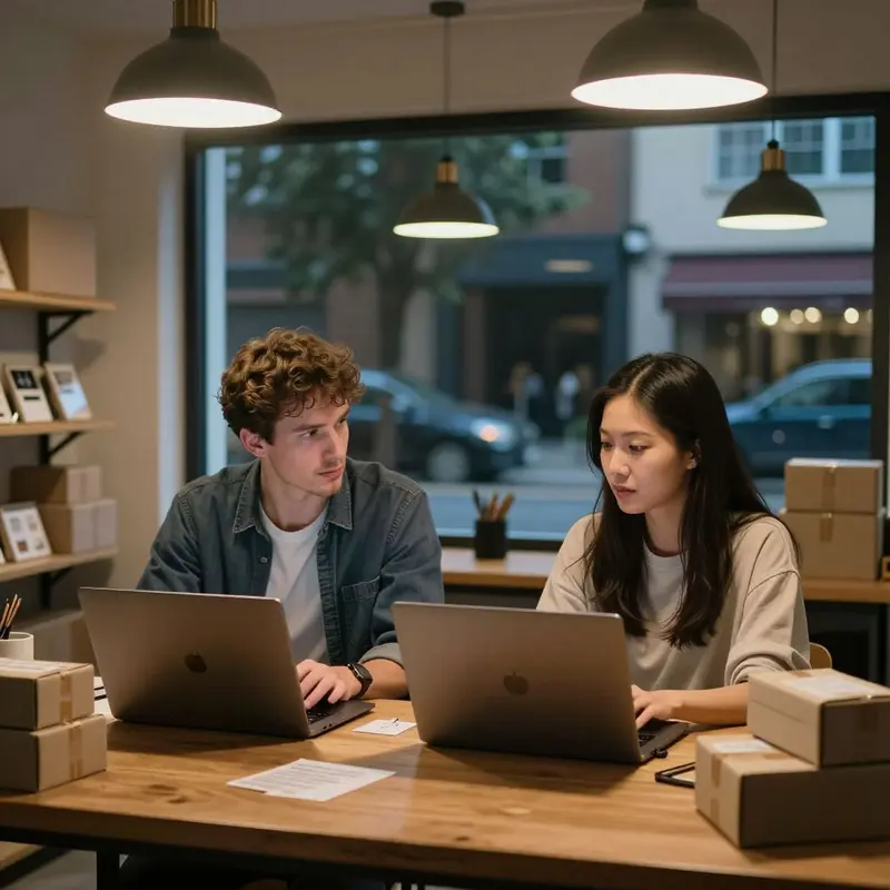 Indie e-commerce shop owners seated at a table considering n8n vs Zapier for e-commerce automation.