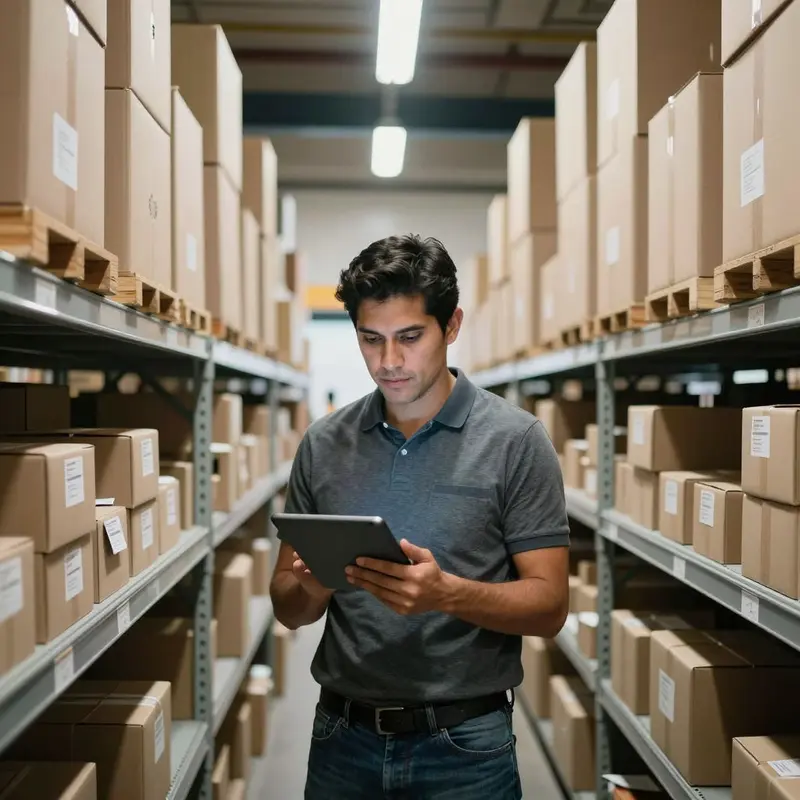 Warehouse-style indie shop owner contemplating scaling automation as orders grow.