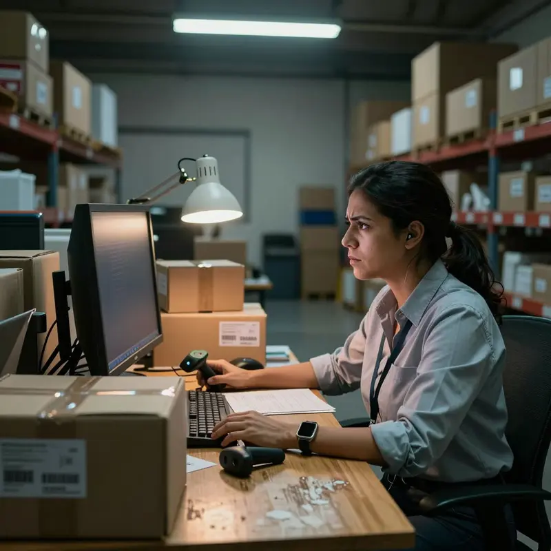 A warehouse manager reviews stock beside packed boxes, trying to understand missing refund triggers.