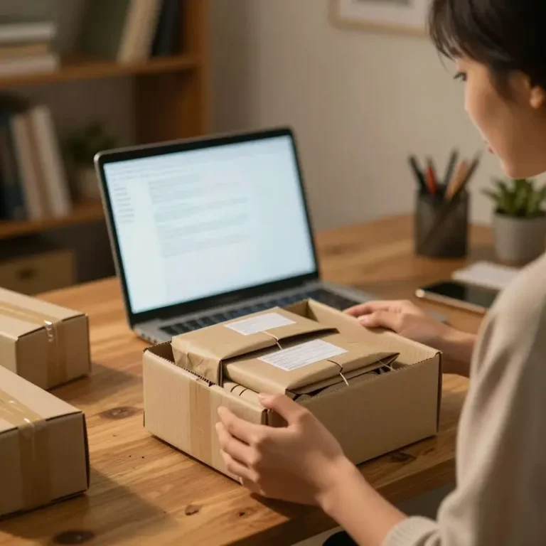Online shopper holding an open recycled box, weighing eco friendly packaging costs against product value at home.