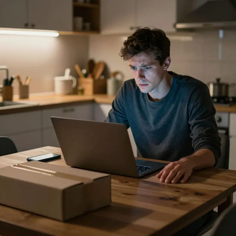 An online shopper waits tensely at night, uncertain if their order will match the actual stock.