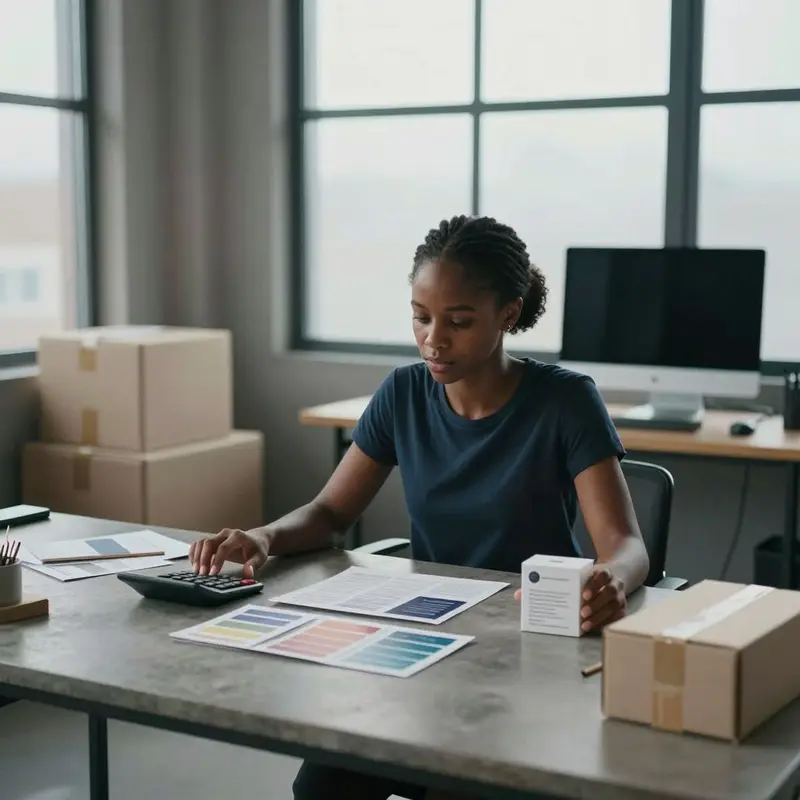 A seller studies product costs and tools in a quiet loft workspace, focused on accurate inputs.