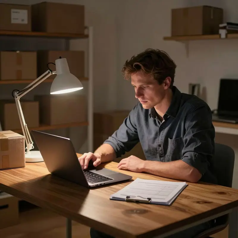A marketplace seller quietly reviews a setup checklist in a small, focused home office.