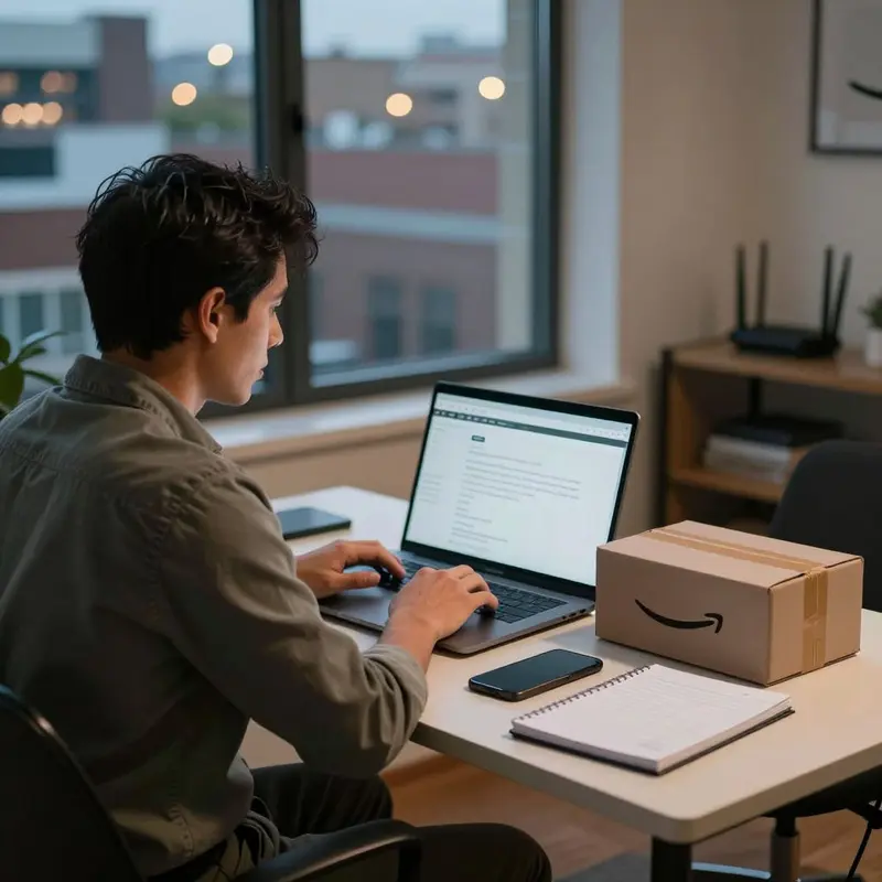 An online seller pauses at a desk, thinking through how tools stay connected to Amazon systems.