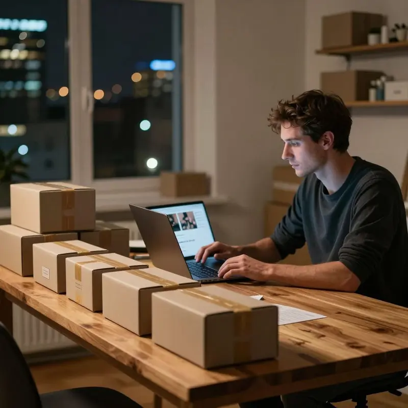 Marketplace seller at a wooden table with shipping boxes and open laptop, focusing on sellerboard profit dashboard setup before a sales rush.