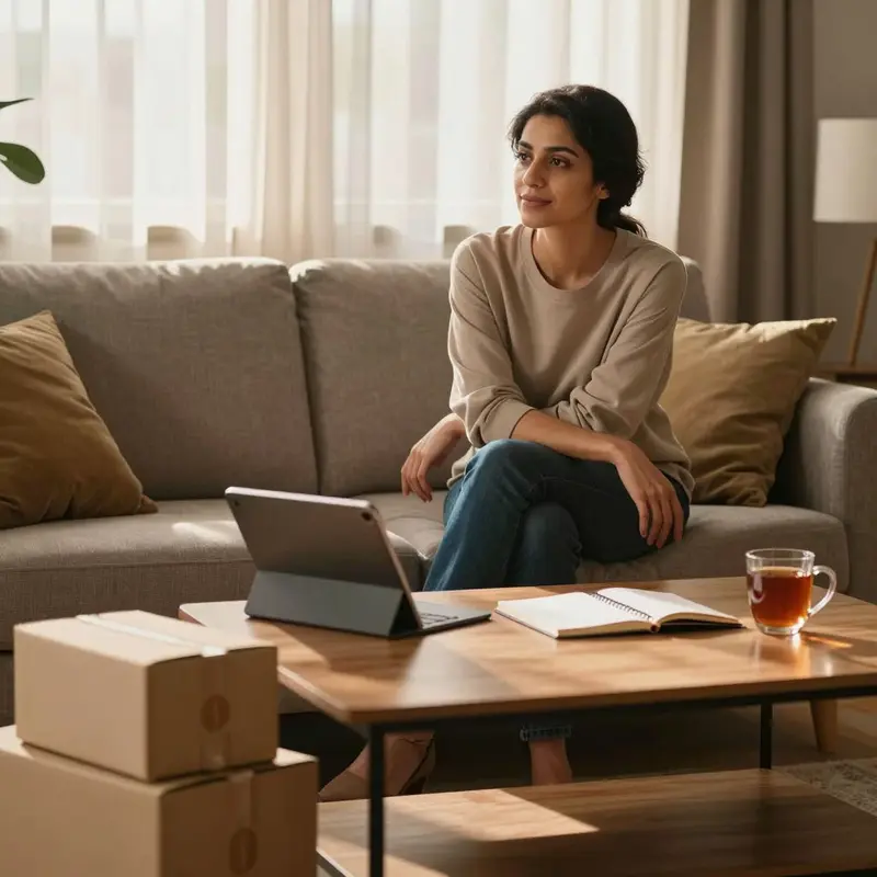 A seller relaxes in a home workspace, reflecting on the payoff from their selling tools.