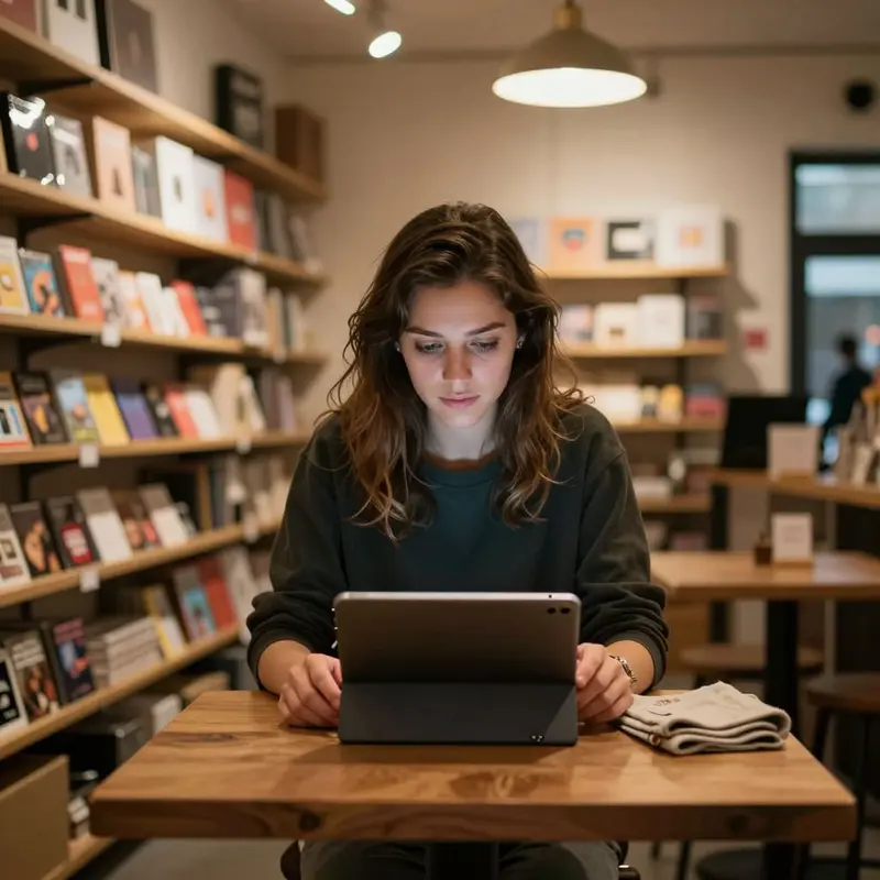 Shop owner calmly pausing before validating catalog data ahead of AI listings.