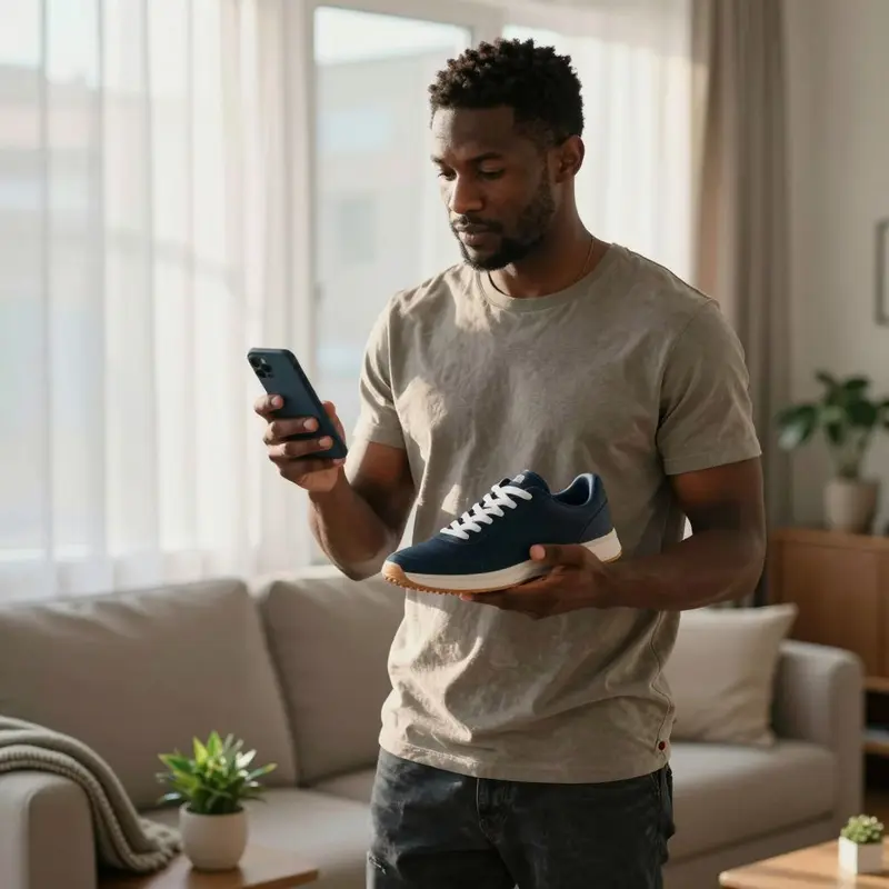 A shopper holds a sneaker and phone while browsing for similar deals at home.