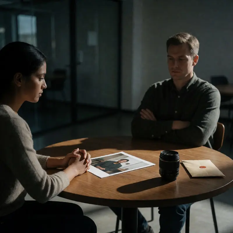 Two people sit across a table evaluating a product in a moody, trust-focused setting.