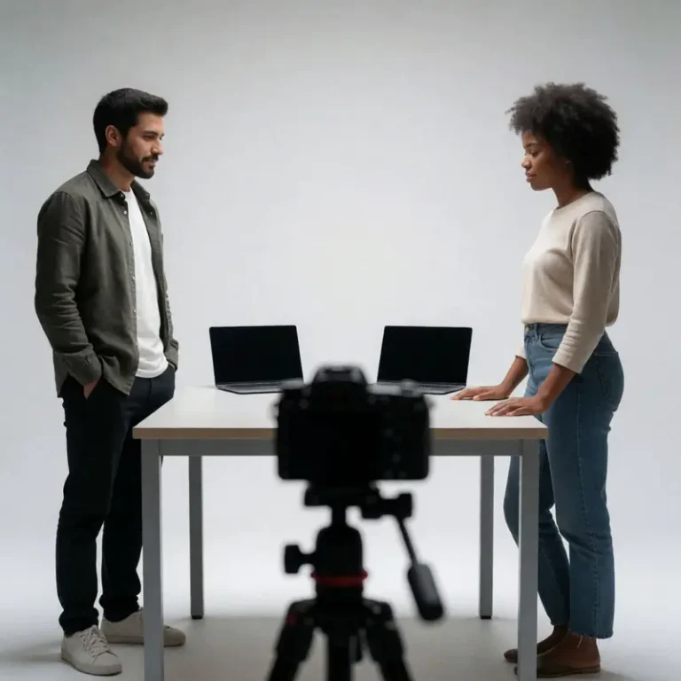 Amazon listing image optimization cover showing a product centered on a studio table with a seamless white backdrop and a camera on a tripod.