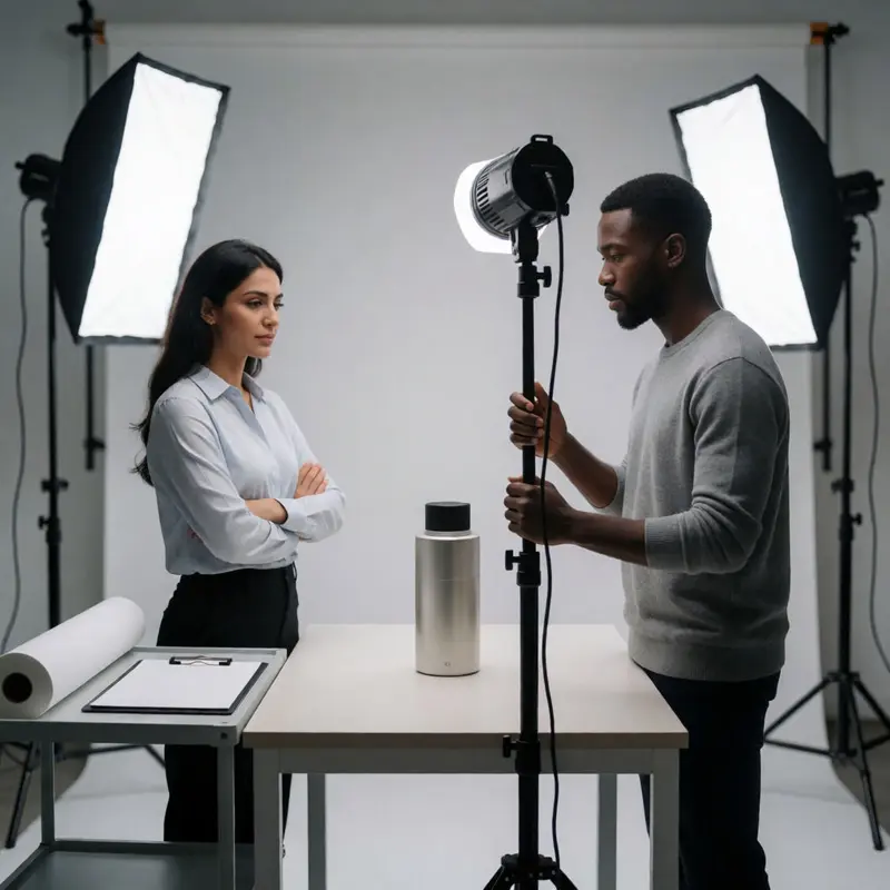 A controlled photo studio setup frames a product against a seamless white background.