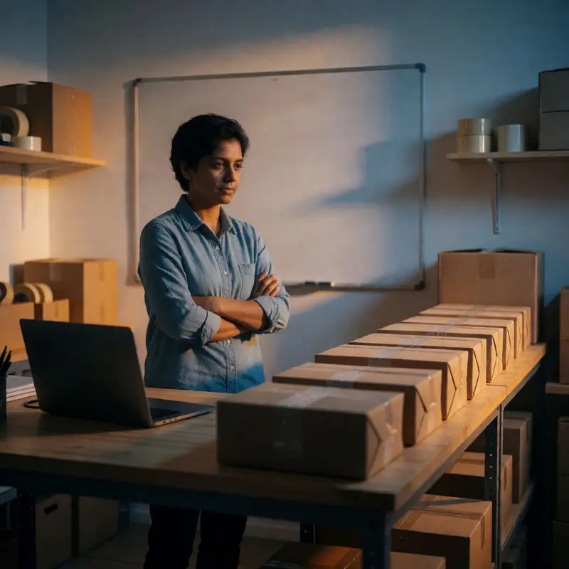 An indie seller in a fulfillment workspace with parcels and a blank whiteboard, representing operational control with Zapier and n8n workflows.
