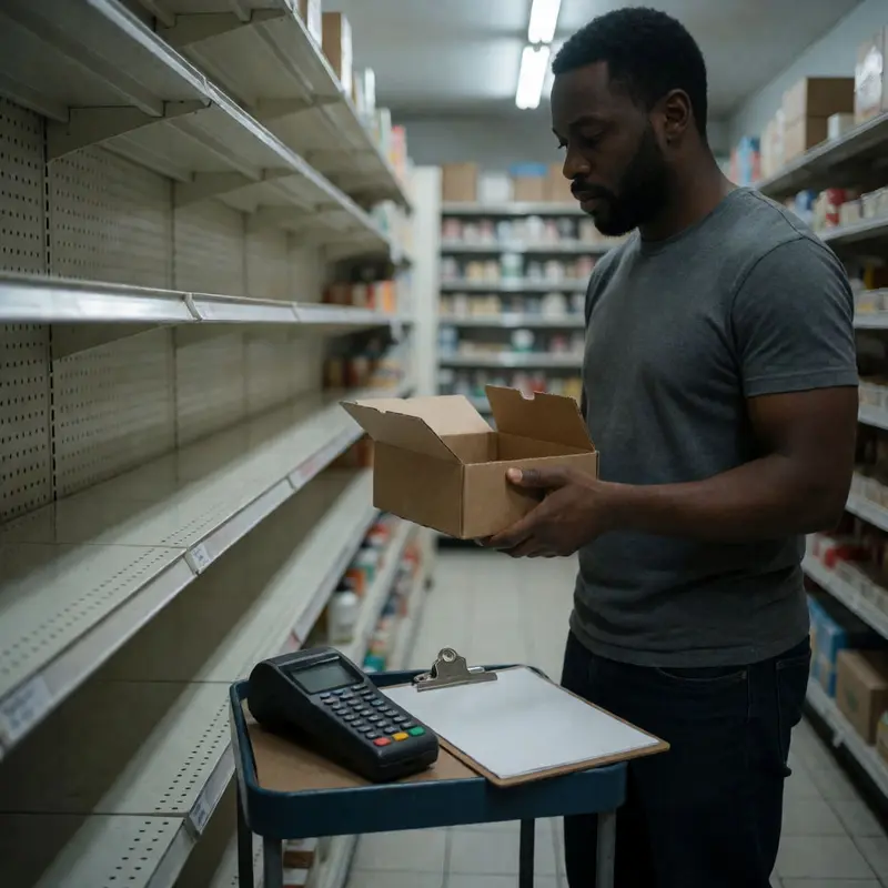 A shop owner pauses during restocking beside an unevenly stocked shelf.
