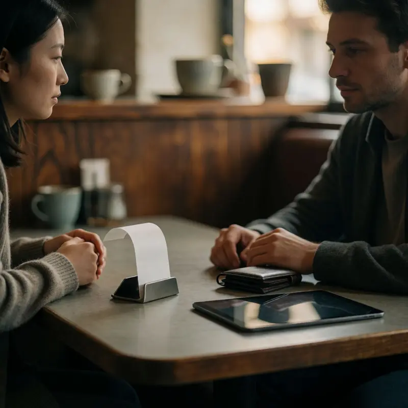 Two people sit across a café table, reflecting careful evaluation of operational tradeoffs.