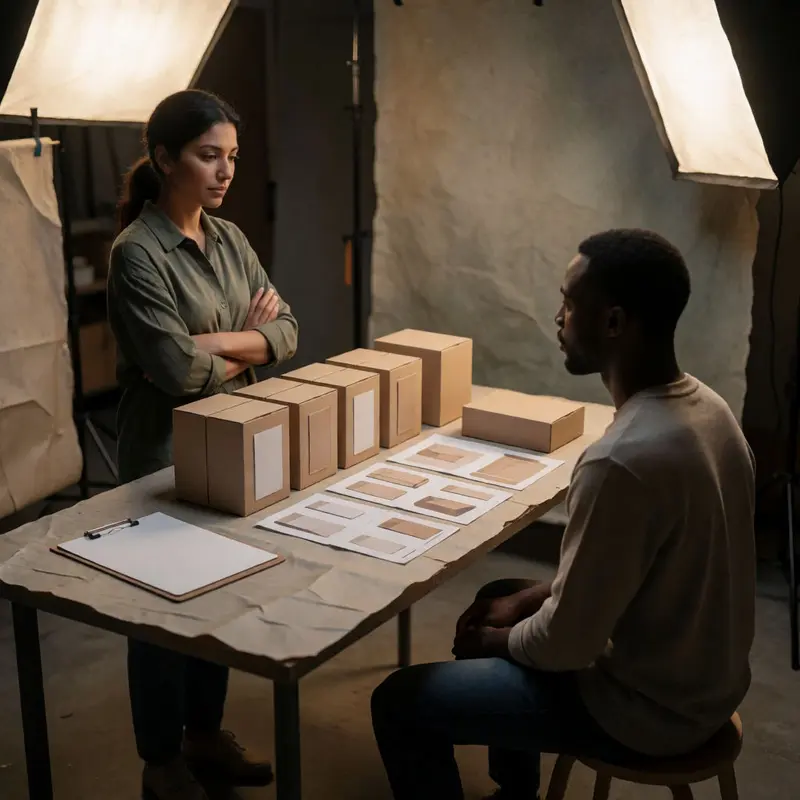 A small studio scene emphasizing standardized product presentation and physical brand references.