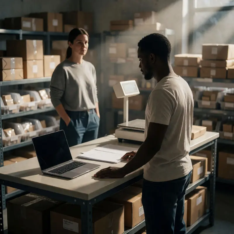 Indie shop owner in a fulfillment space preparing to fix Merchant Center feed errors with a closed laptop and packed orders nearby.