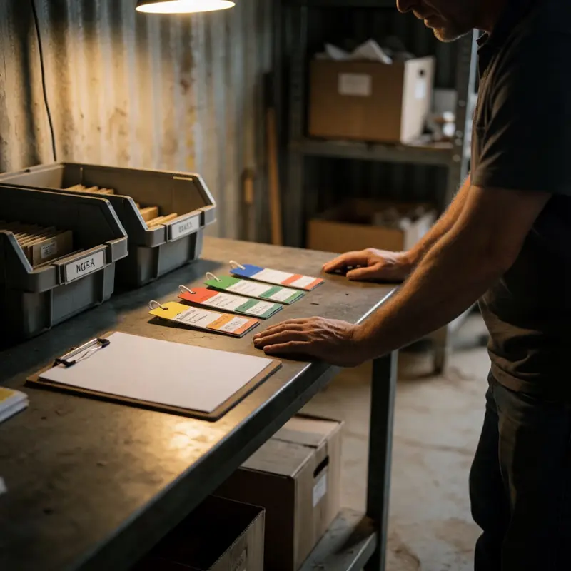 A shop owner inspects physical inventory tags and bins under warm warehouse lighting.