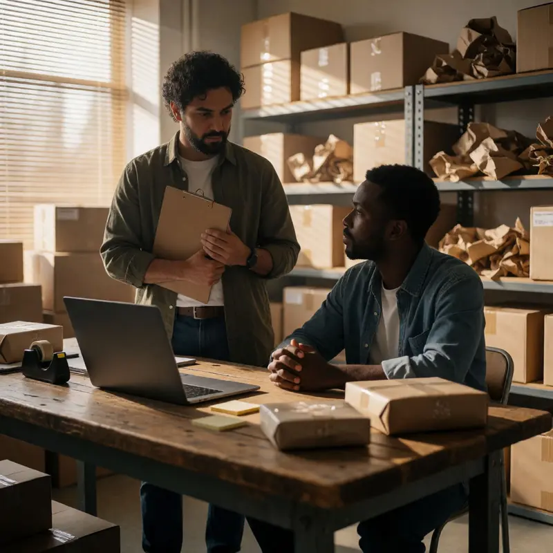 A shop owner and colleague review product feed issues in a warehouse office setting.