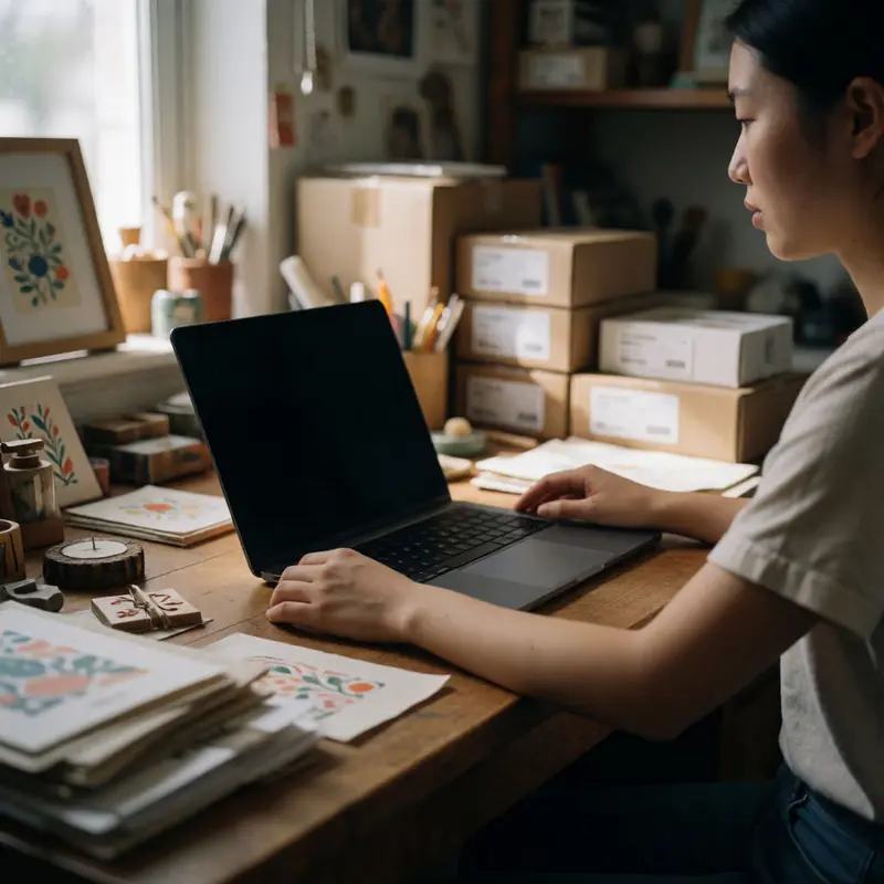 Asian Etsy seller at a wooden desk with hands resting by a dark laptop, surrounded by crafts and blank papers to document AI listings and avoid Etsy AI listing takedowns.