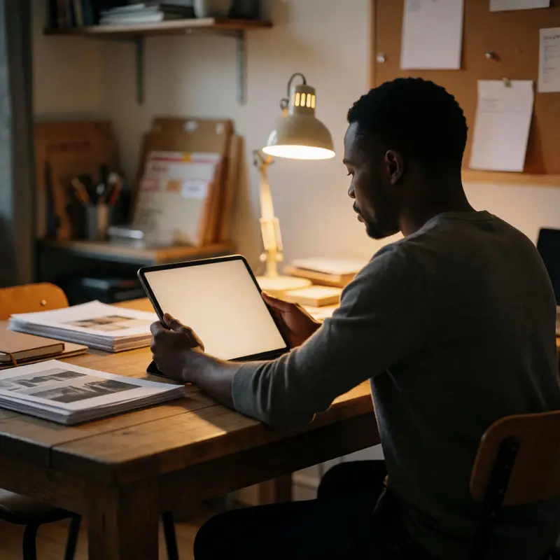An Etsy seller calmly organizes AI-related records at a tidy home workspace.