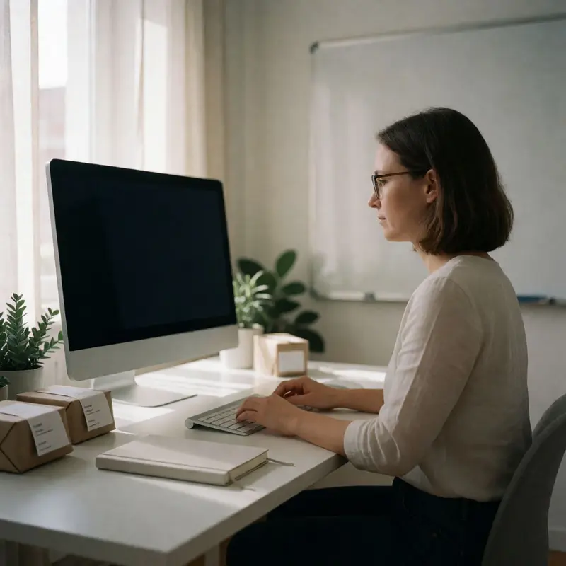 An Etsy seller sits at a clean desk, ready to align her listings with AI usage requirements.