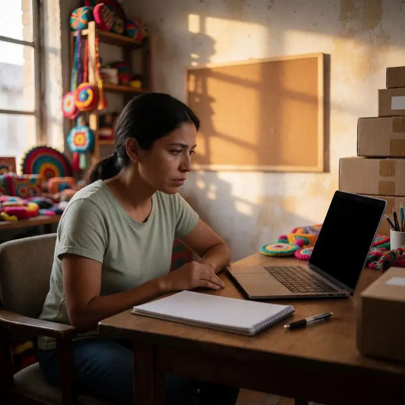 An Etsy seller in a home studio reacts to a sudden issue with her AI-assisted listing.